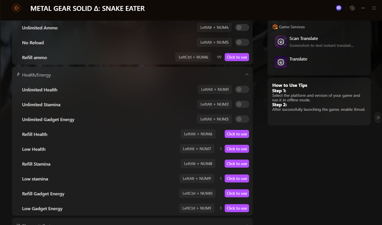 snake eater cheats and trainers