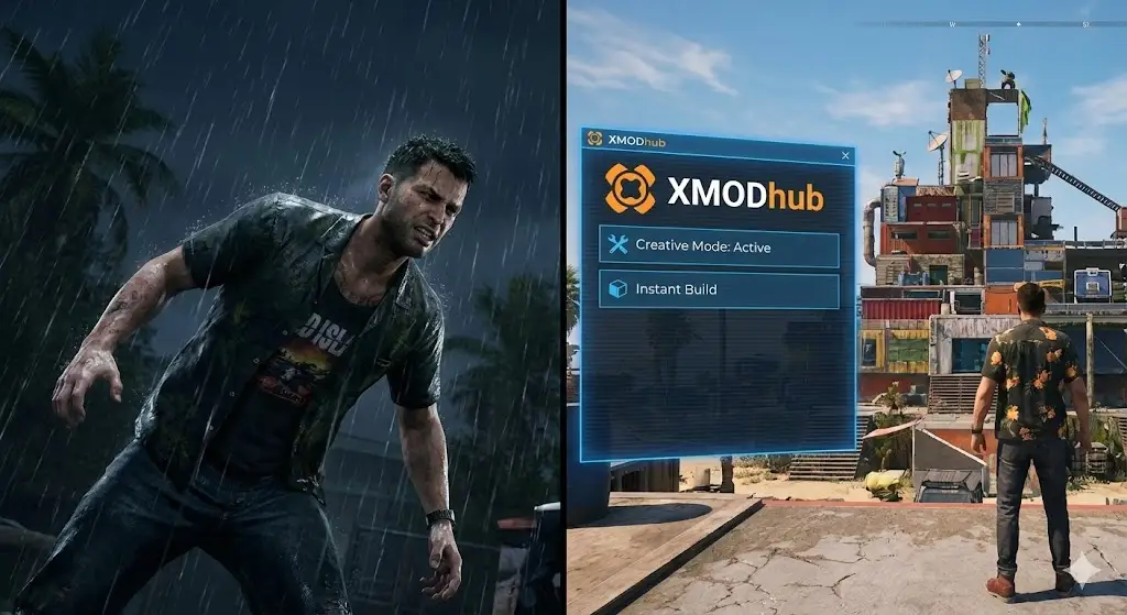 Split-screen comparison: Left side shows a struggling player in the rain in Dead Island 2; Right side shows a massive customized base built instantly using XMOD Trainer creative mode.