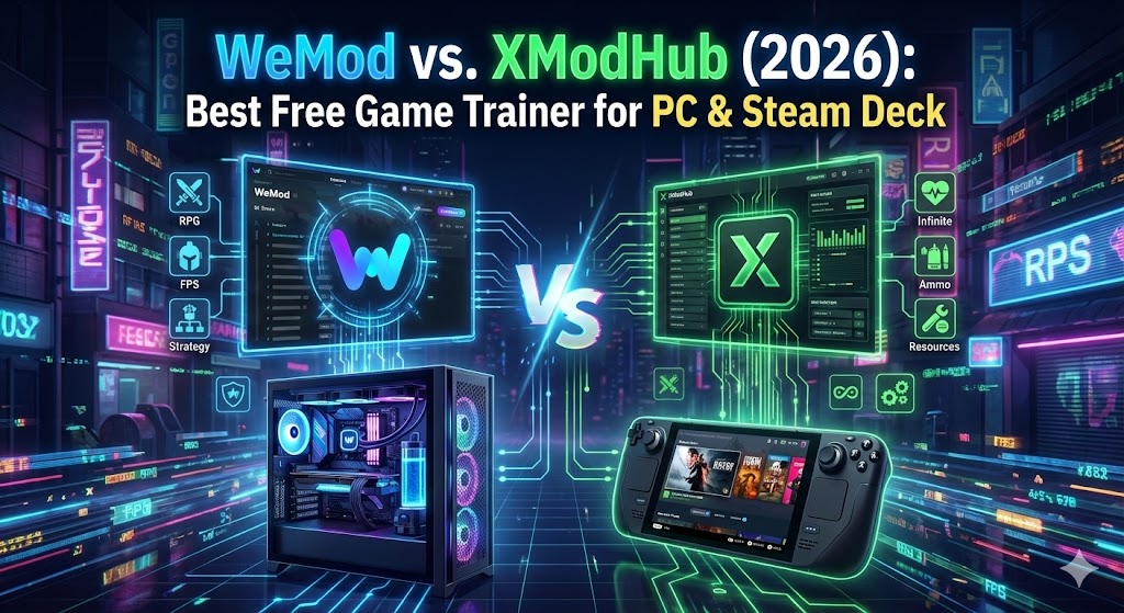 WeMod vs. XModHub Best Free Game Trainer for PC Steam Deck