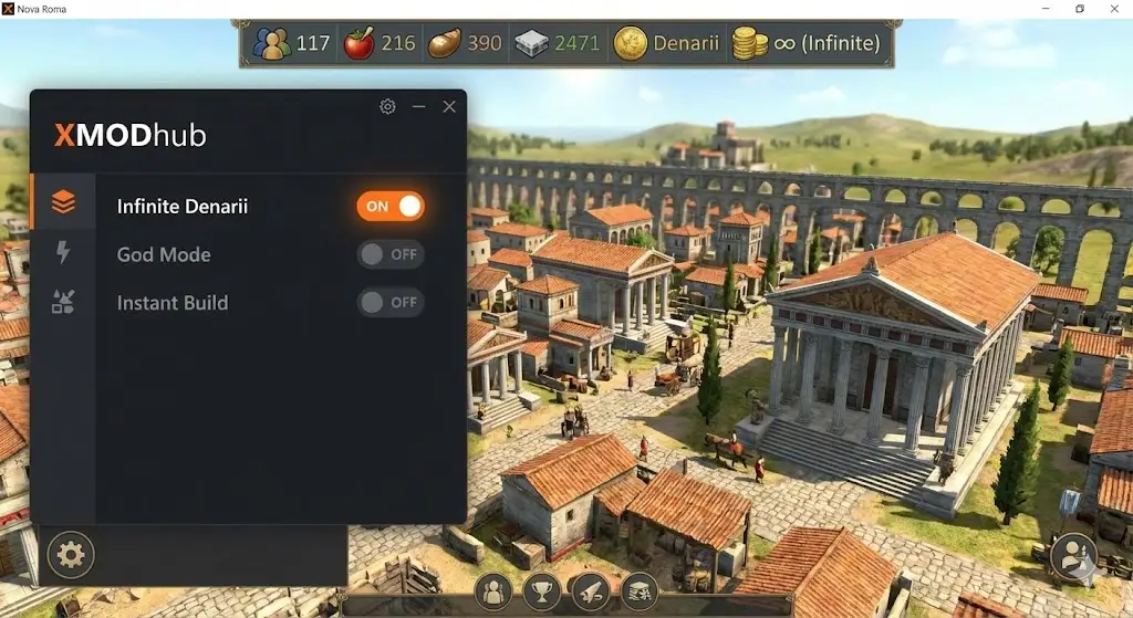 XMOD Interface for Nova Roma showing 'Infinite Denarii' ON