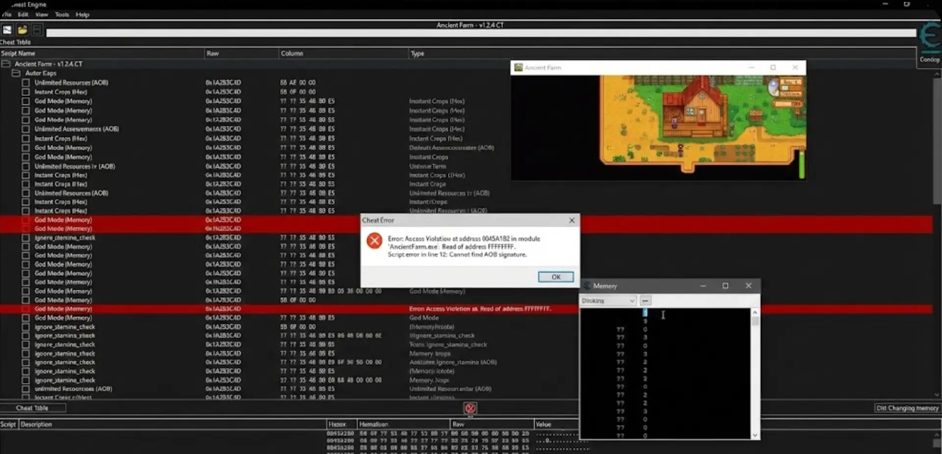Complex Cheat Engine table script list for Ancient Farm showing hex codes and memory errors
