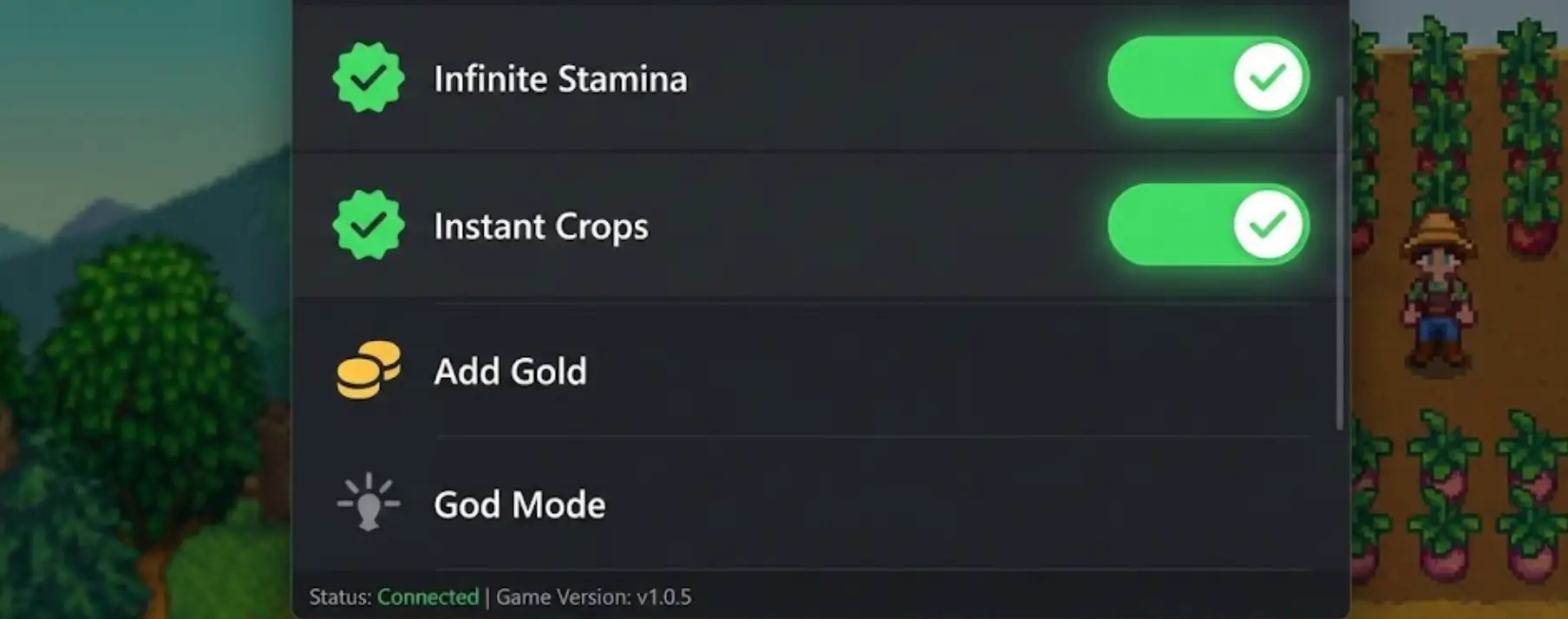 Easy to use XMOD Trainer interface for Ancient Farm with Infinite Stamina and Instant Crops active