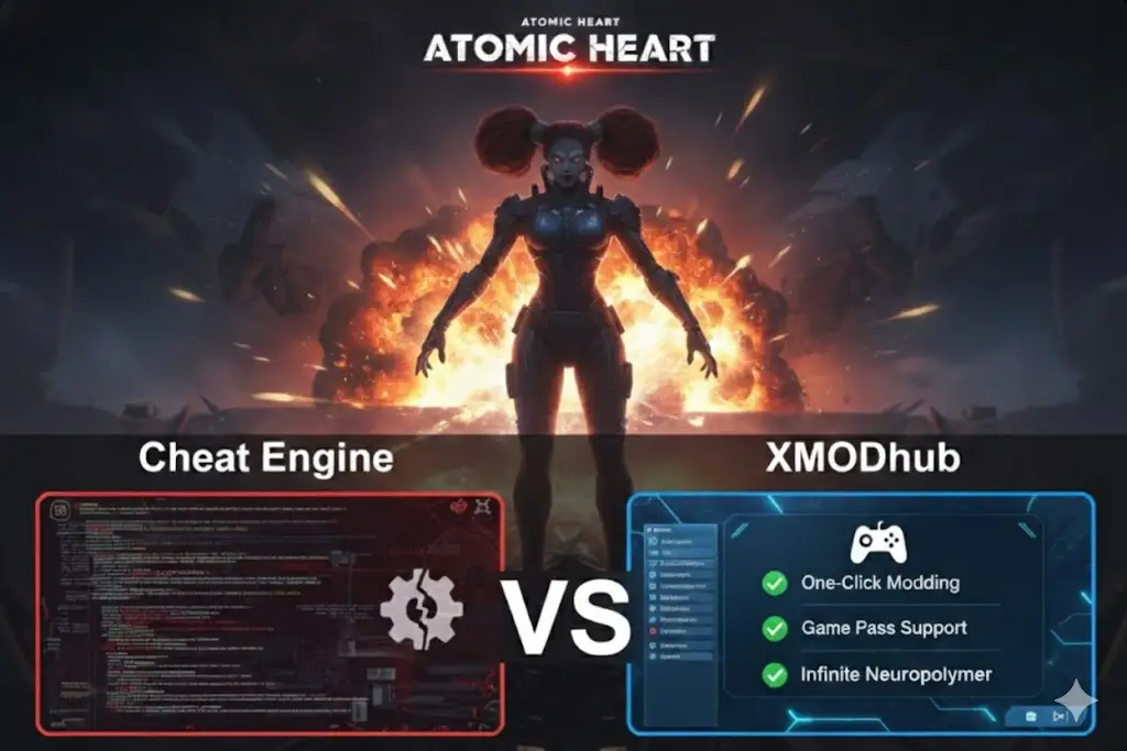 A high-tech Atomic Heart gameplay interface featuring the XMODhub logo, showcasing a cheat engine alternative dashboard for weapon upgrades, infinite neuropolymer, and performance optimization on Steam and Game Pass versions.