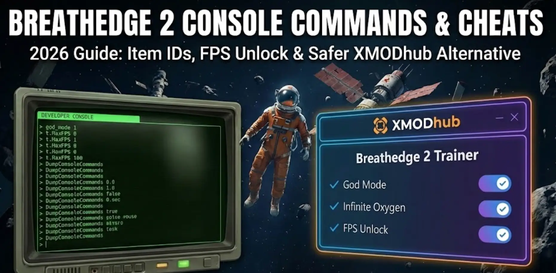 Cinematic Breathedge 2 illustration featuring a cosmonaut and a holographic developer console interface, representing the complete guide for console commands, cheat codes, and FPS unlock.