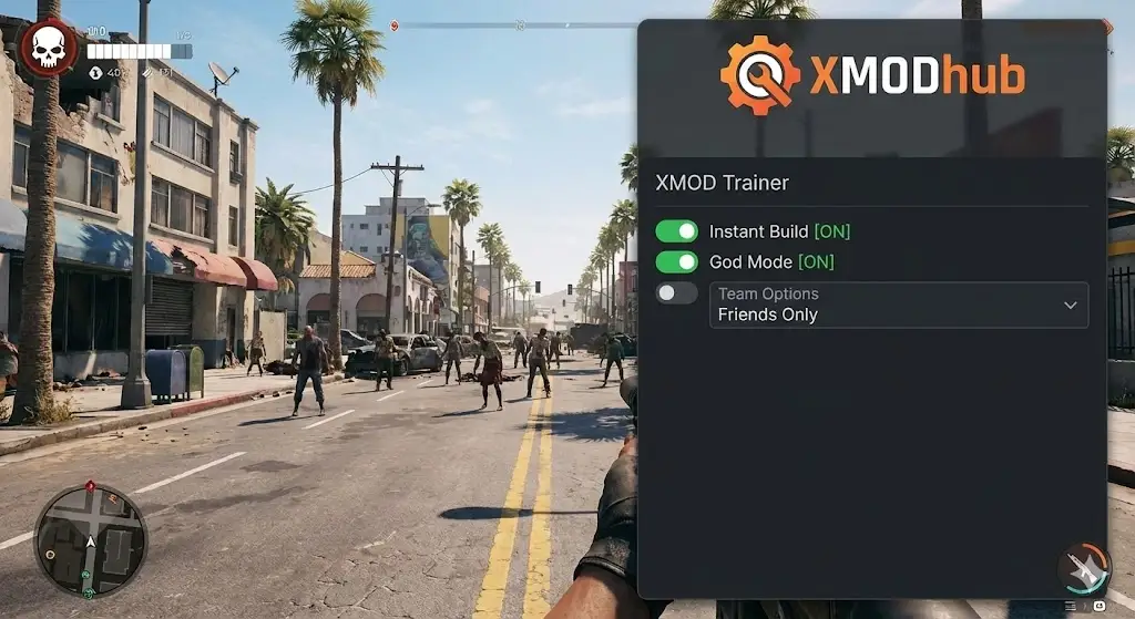 XMOD Trainer overlay menu featuring the XMODhub logo, showing toggles for Instant Build, God Mode, and Team Options in Dead Island 2.