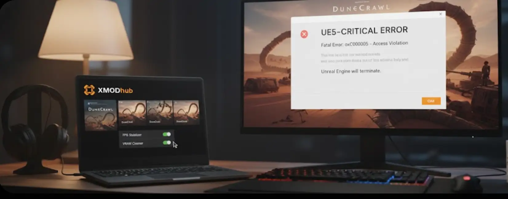 A realistic photo of DuneCrawl crashing with a UE5 Fatal Error on a monitor, alongside a laptop running the XMODhub optimization tool and VRAM cleaner to fix FPS drops.