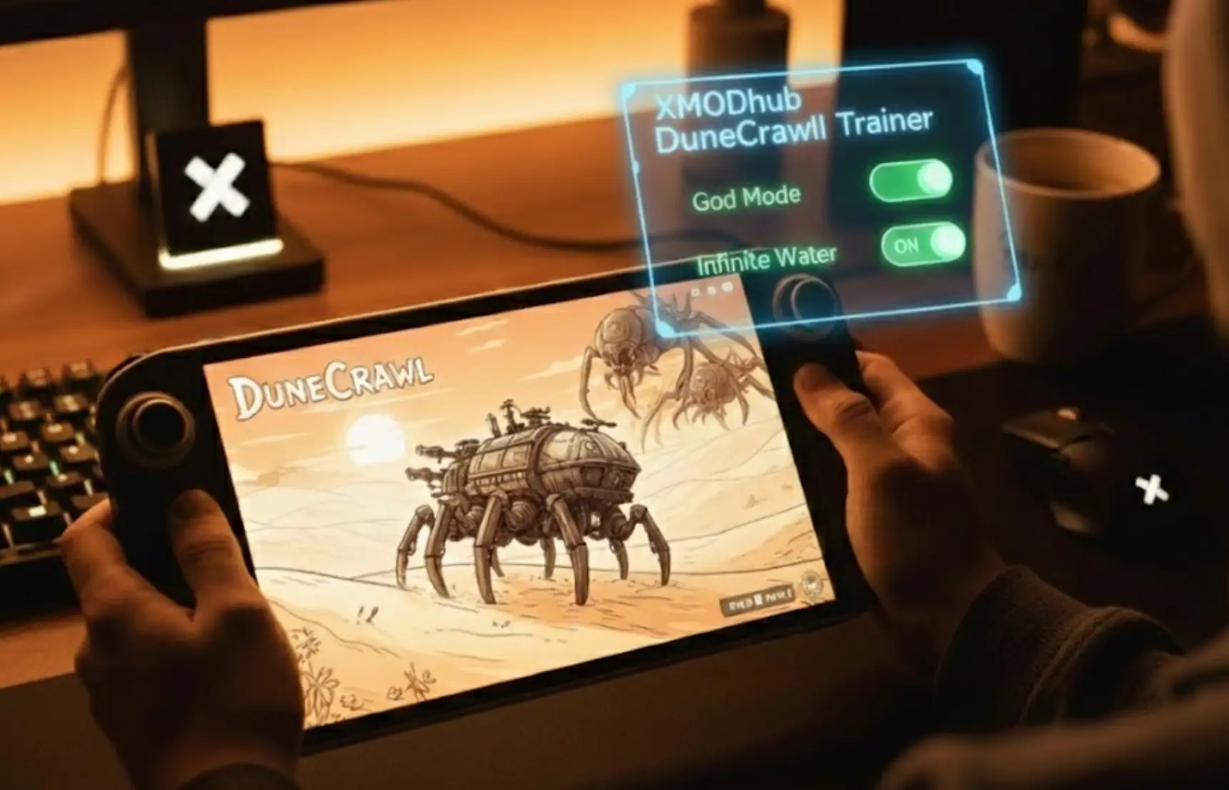 A real-life gaming setup featuring DuneCrawl running on a Steam Deck with the XMODhub trainer overlay active. The interface shows God Mode and Infinite Water cheats enabled in a desert survival setting.