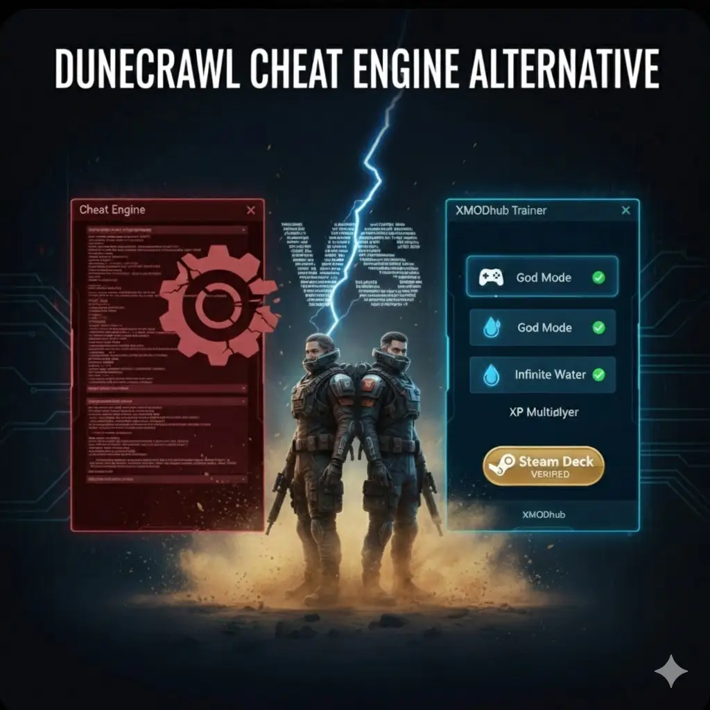 XMODhub DuneCrawl trainer interface showing God Mode and Infinite Water features, a safe Cheat Engine alternative for Steam and Game Pass.