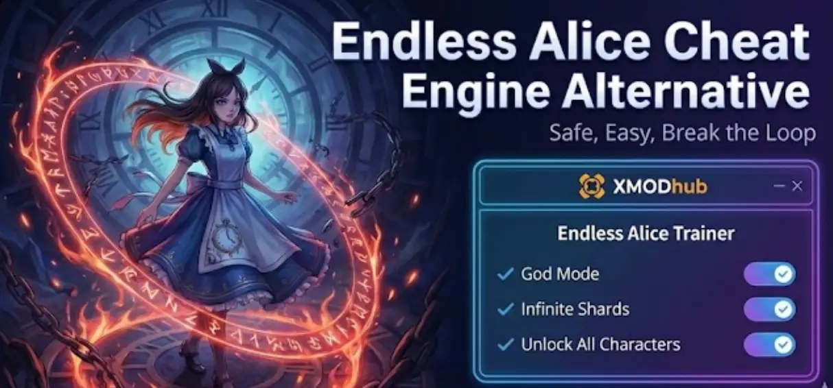 Endless Alice anime style illustration with XMODhub Trainer interface overlay, showing active cheats for God Mode, Infinite Shards, and Unlock All Characters as a safe Cheat Engine alternative.