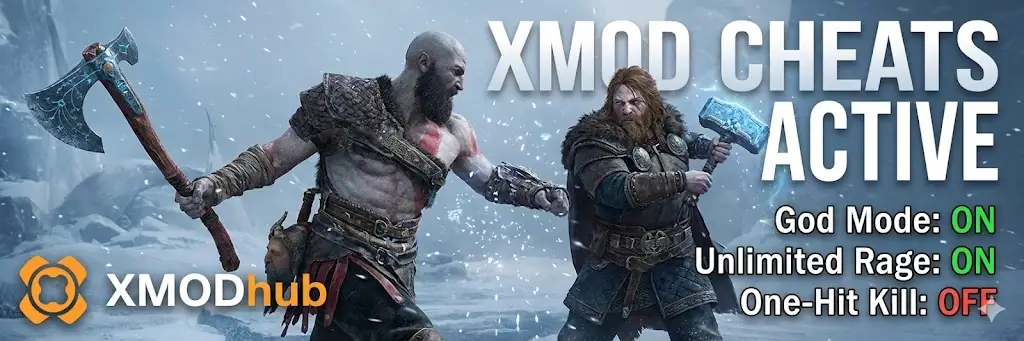 God of War Ragnarok Kratos fighting Thor with XMOD overlay text
