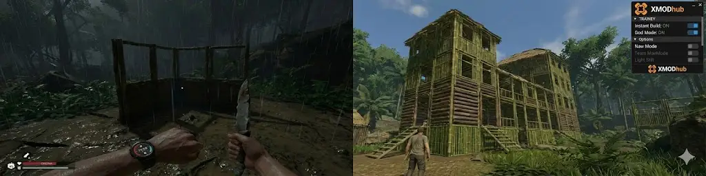 Split-screen comparison of Green Hell gameplay showing a struggling player in the rain versus a massive base built in Creative Mode with XMOD Trainer