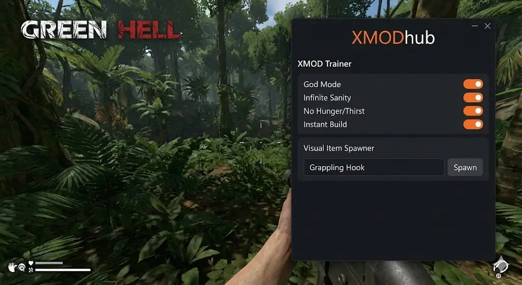 XMOD Trainer overlay menu in Green Hell with toggles for God Mode, Infinite Sanity, Instant Build, and a Grappling Hook item spawner
