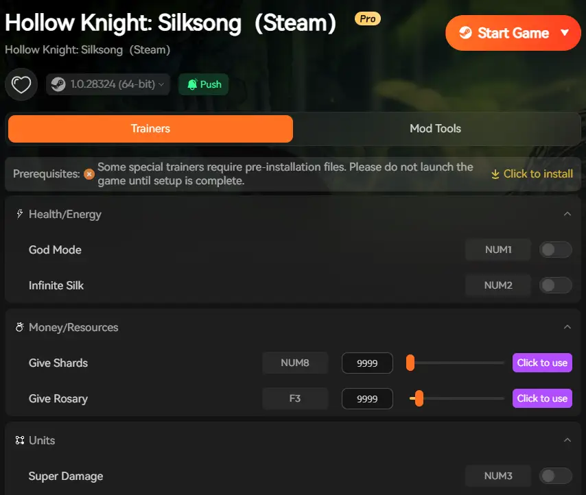 Hollow Knight Silksong Cheat Engine alternative vs XMOD Trainer interface showing God Mode and Infinite Silk features for Pharloom map