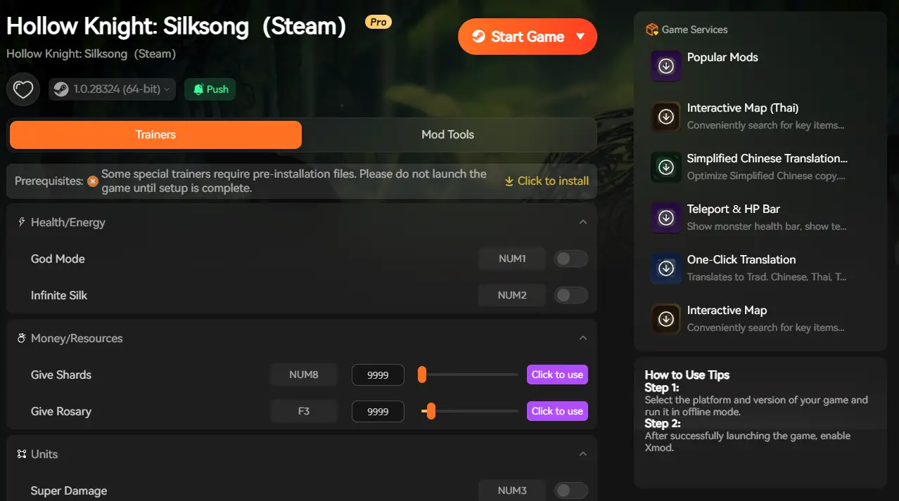 XMOD Silksong Trainer menu with Infinite Rosaries, Super Jump, and God Mode toggled on