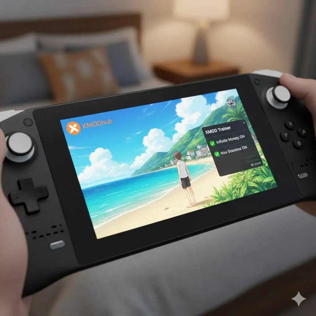 2026 Summer Memories gameplay walkthrough featuring XMOD Trainer overlay on Steam Deck, enabling Infinite Money and Stamina to skip grind.