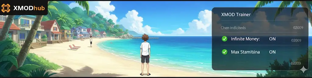 Summer Memories gameplay screenshot showing XMOD Trainer overlay with Infinite Money and Max Stamina cheats enabled in 2026.