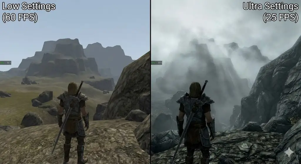 Split screen comparison of Monster Hunter Wilds: Low Settings (60 FPS) vs Ultra Settings (25 FPS) showing Volumetric Fog differences