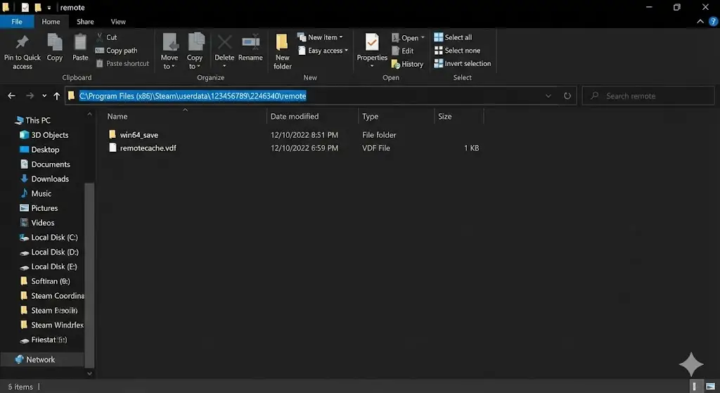 Windows File Explorer showing the correct path to AppID 2246340 for Monster Hunter Wilds save data