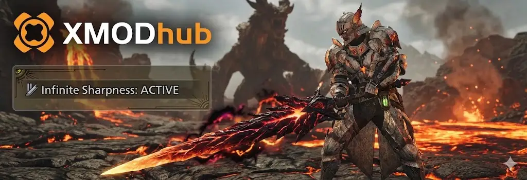 Monster Hunter Wilds hunter holding a glowing endgame Arkveld Long Sword with XMODhub overlay showing Infinite Sharpness