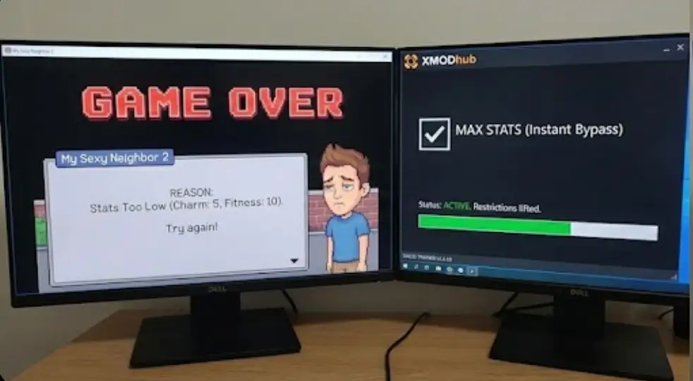Left side: A screenshot of My Sexy Neighbor 2 showing a "Game Over" screen due to low stats; Right side: XMOD Trainer interface enabling "Max Stats" to bypass the restriction instantly.