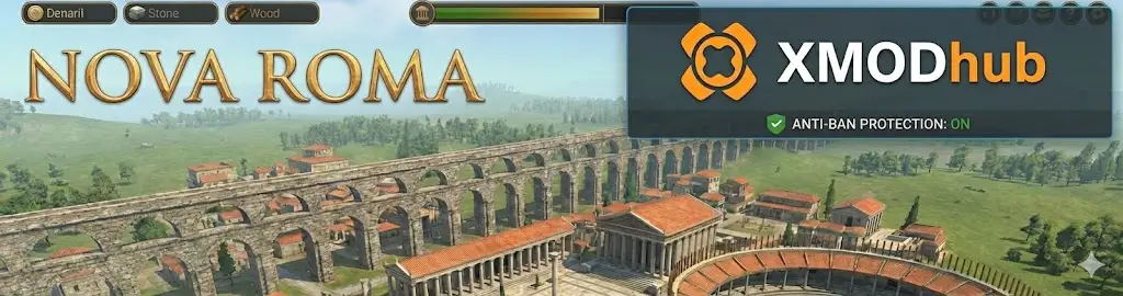 Nova Roma city building simulation game featuring XMOD trainer logo as a safe cheat engine alternative