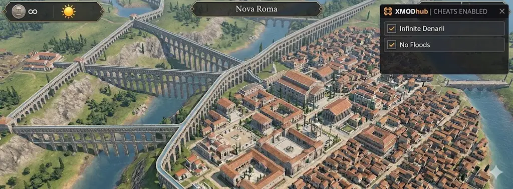 Nova Roma sprawling Roman city with complex aqueducts, XMODhub overlay showing Infinite Denarii and No Floods enabled