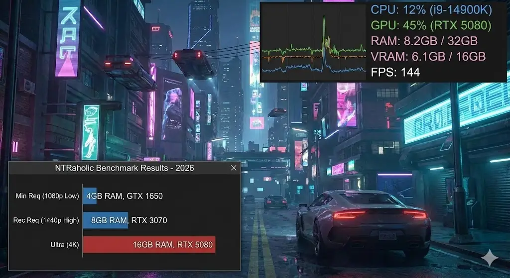 Скриншот игрового процесса NTRaholic, демонстрирующий результаты тестирования системных требований и анализ использования оперативной памяти на 2026 год.