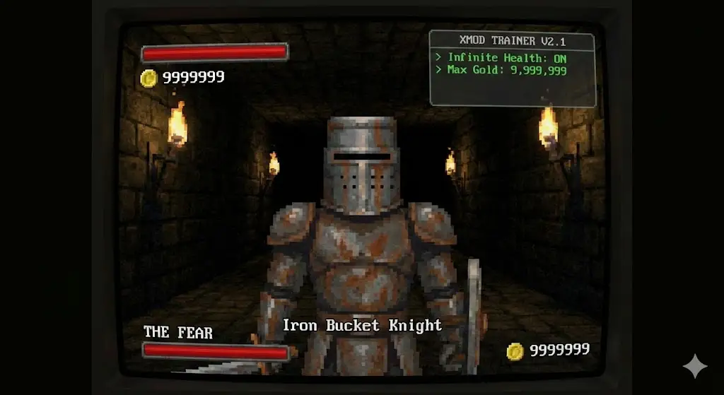 Скриншот игрового процесса Pass The Fear, демонстрирующий Рыцаря Железного Ведра с включенным оверлеем XMOD Trainer, обеспечивающим бесконечное здоровье и максимальное количество золота.