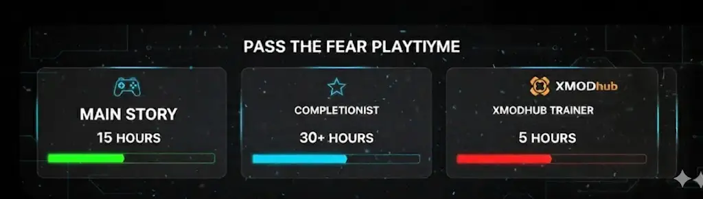 A comparison chart showing Pass The Fear game playtime: 15 hours for Main Story, 30+ hours for Completionist, and only 5 hours using XMODhub Trainer.