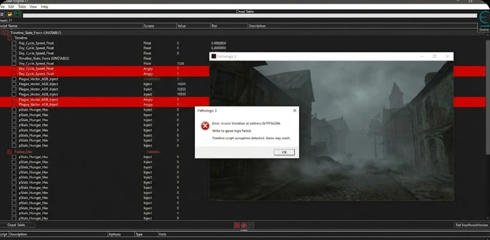 Complex Cheat Engine table for Pathologic 3 showing unstable scripts, red error lines, and a critical "Access Violation" popup indicating timeline script corruption.