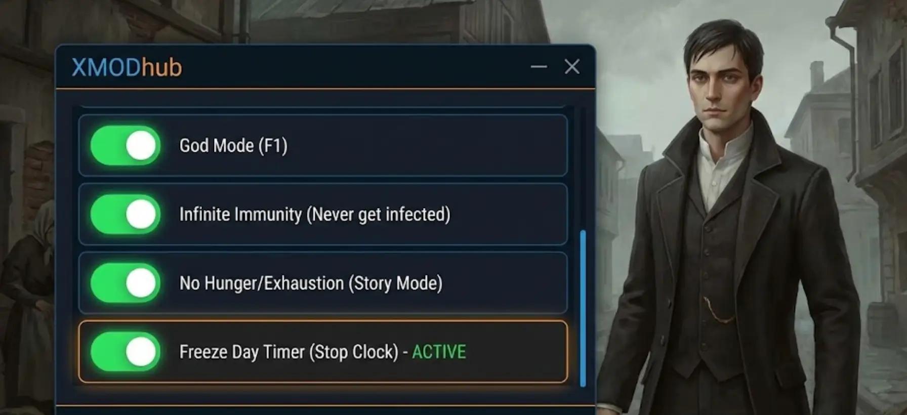 Easy to use XMOD Trainer interface for Pathologic 3 showing active features: God Mode, Infinite Immunity, and Freeze Day Timer, with The Bachelor character in the background.