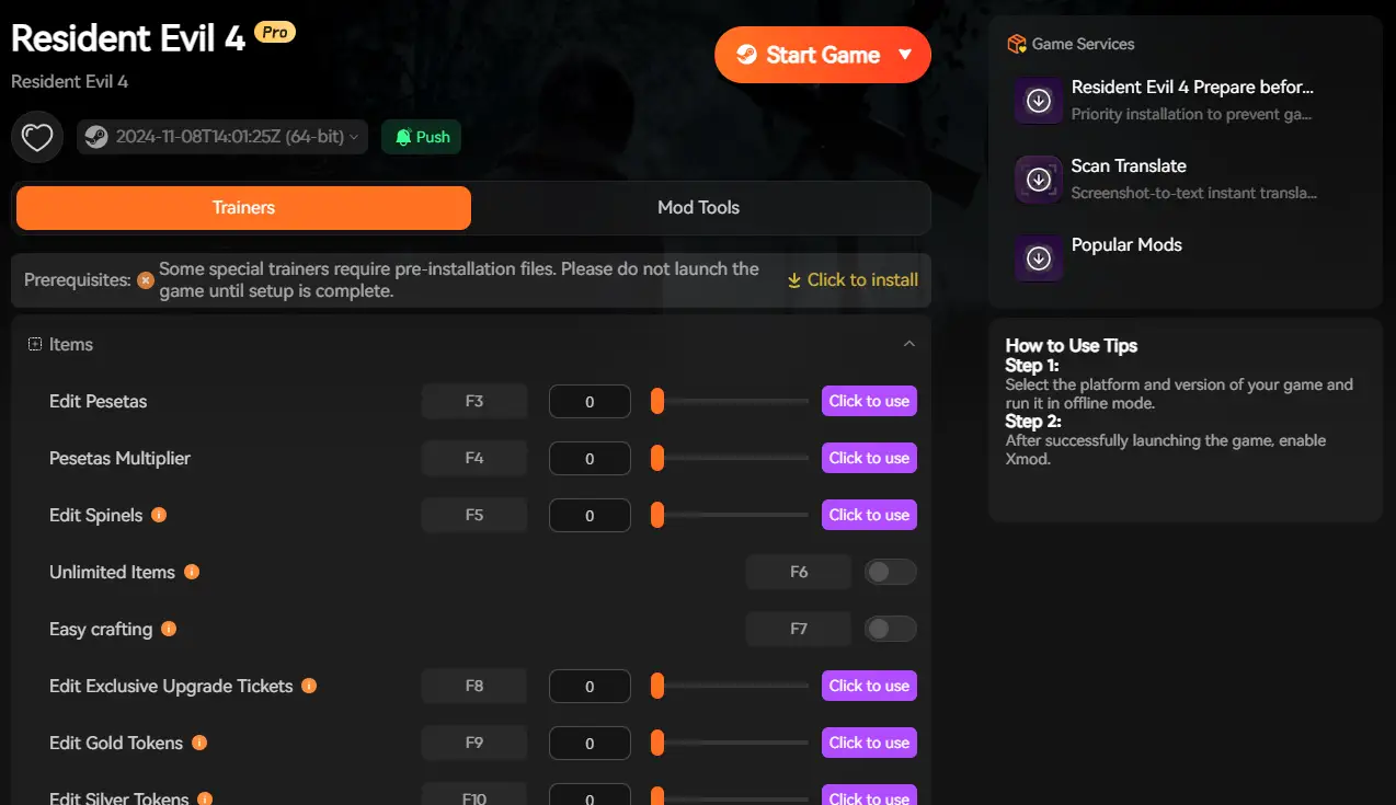 XMOD Resident Evil 4 Trainer menu with Infinite Ammo, Max Pesetas, and Freeze Game Timer enabled