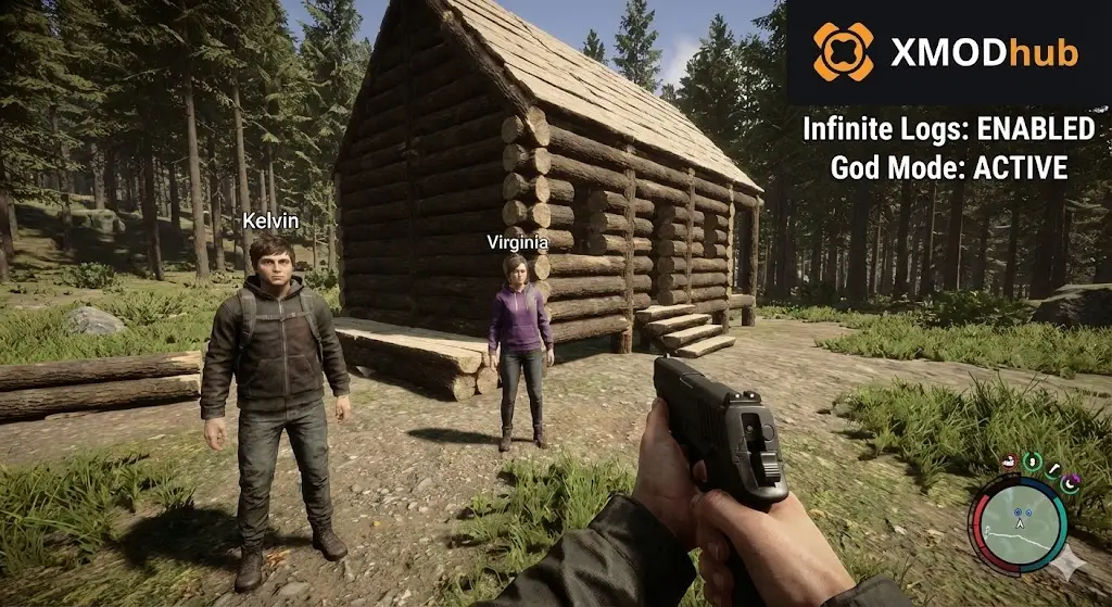 Sons of the Forest player standing next to a massive log cabin with Kelvin and Virginia, XMODhub overlay showing Infinite Logs enabled