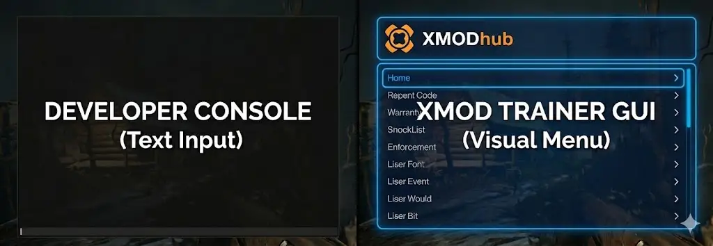 Sons of the Forest gameplay showing developer console text input vs XMOD Trainer GUI