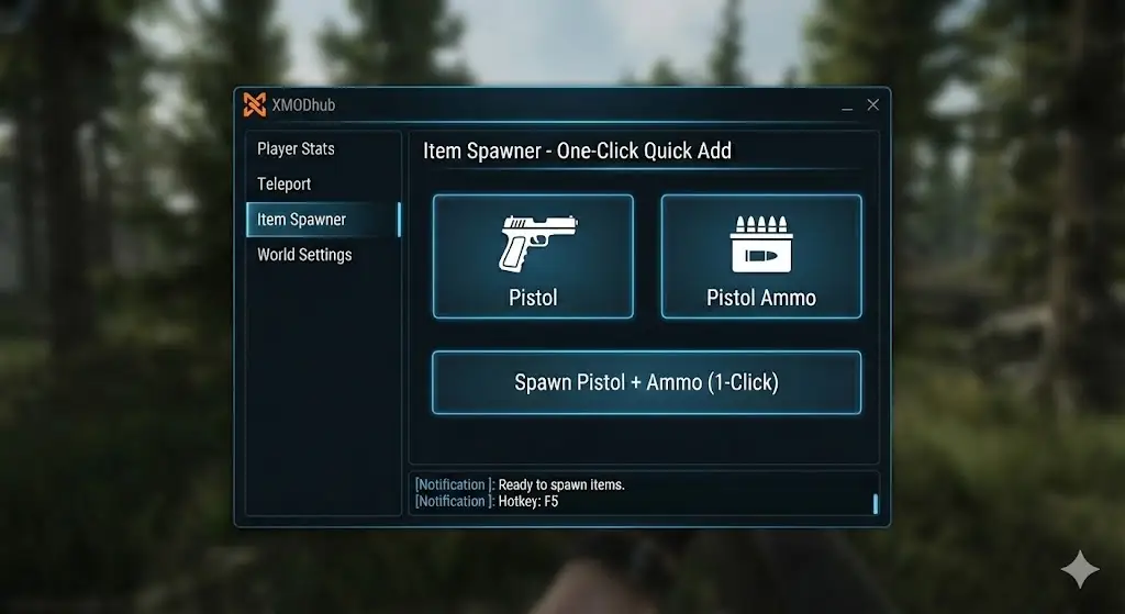 XMOD Trainer Item Spawner menu allowing users to add Pistol and Ammo with one click