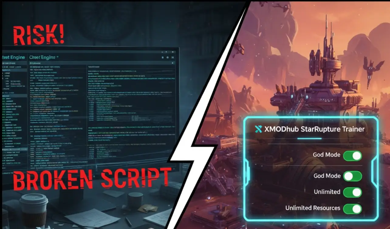 Comparison between a complex StarRupture Cheat Engine table with script errors on the left and a clean, easy-to-use XMOD Trainer interface with God Mode enabled on the right.