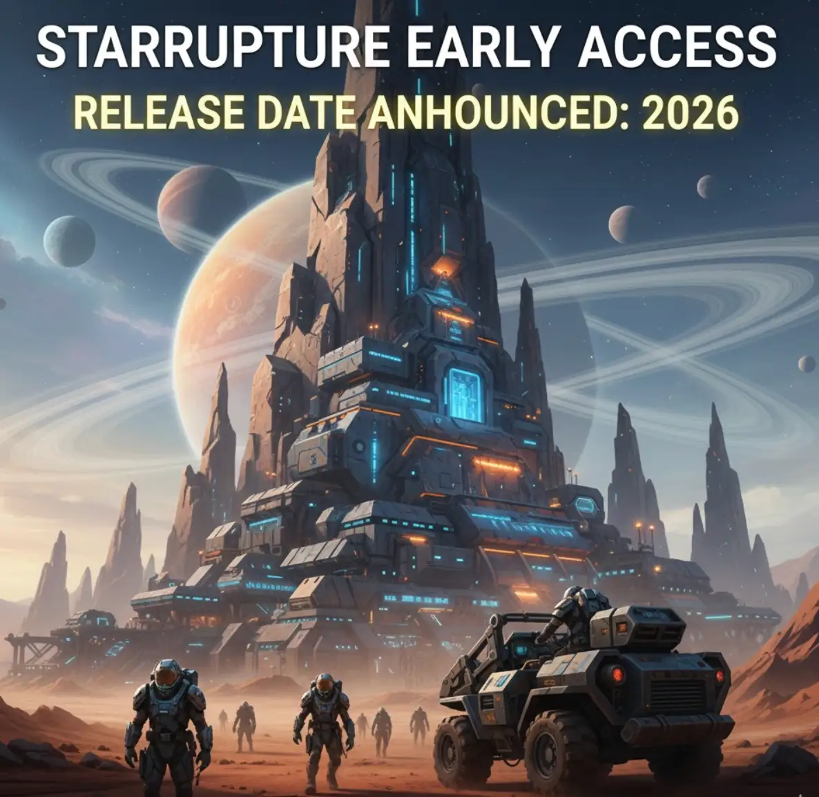 Official announcement poster for StarRupture Early Access release date featuring cinematic alien landscape and futuristic survival base.