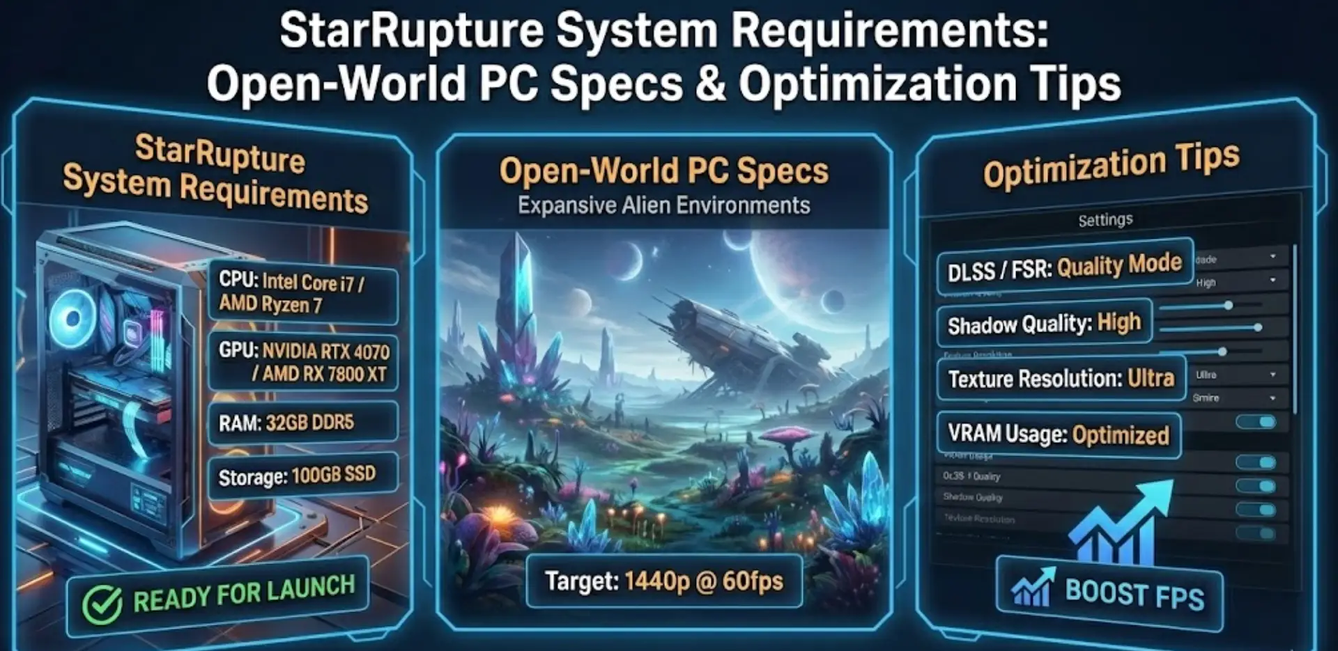 Infographic header for StarRupture blog post detailing PC system requirements, open-world specifications with a target of 1440p at 60fps, and optimization tips including DLSS/FSR Quality Mode and high shadow quality for maximizing performance.