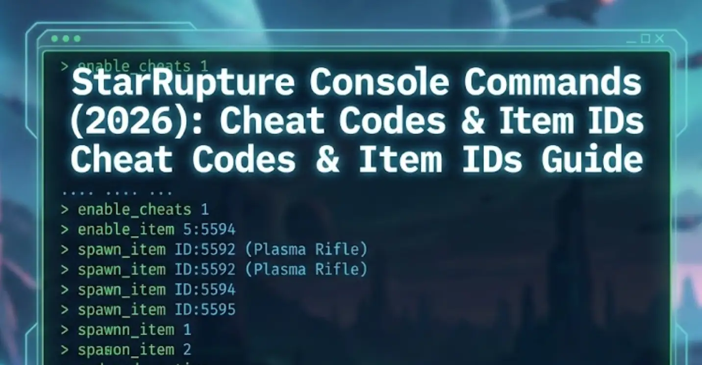 Blog header for StarRupture showing a futuristic terminal with "Console Commands" and "Item IDs" text, set against a sci-fi industrial base background for the 2026 cheat guide.