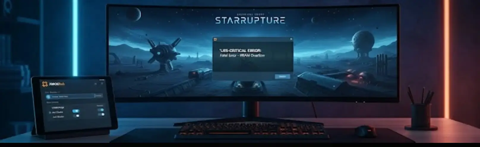 A technical setup showing StarRupture game with a UE5 Fatal Error message on a monitor, next to a laptop running XMODhub optimization tool and VRAM cleaner to fix startup crashes.