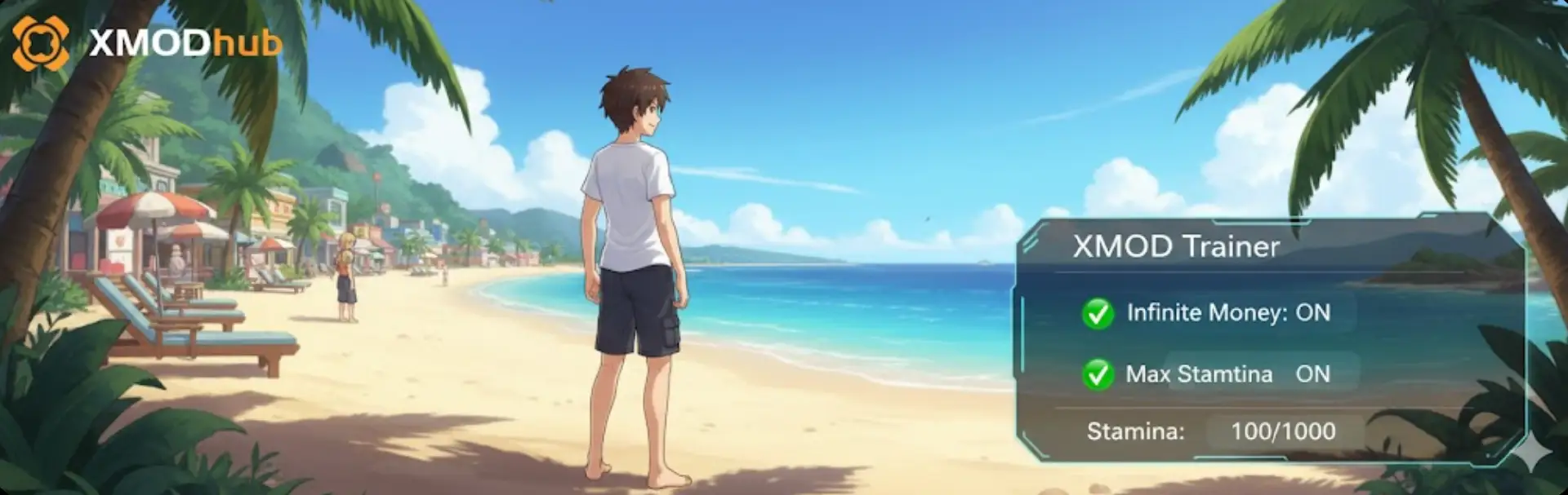 Скриншот игрового процесса Summer Memories, демонстрирующий наложение трейнера XMOD с включенными читами на бесконечные деньги и максимальную выносливость.