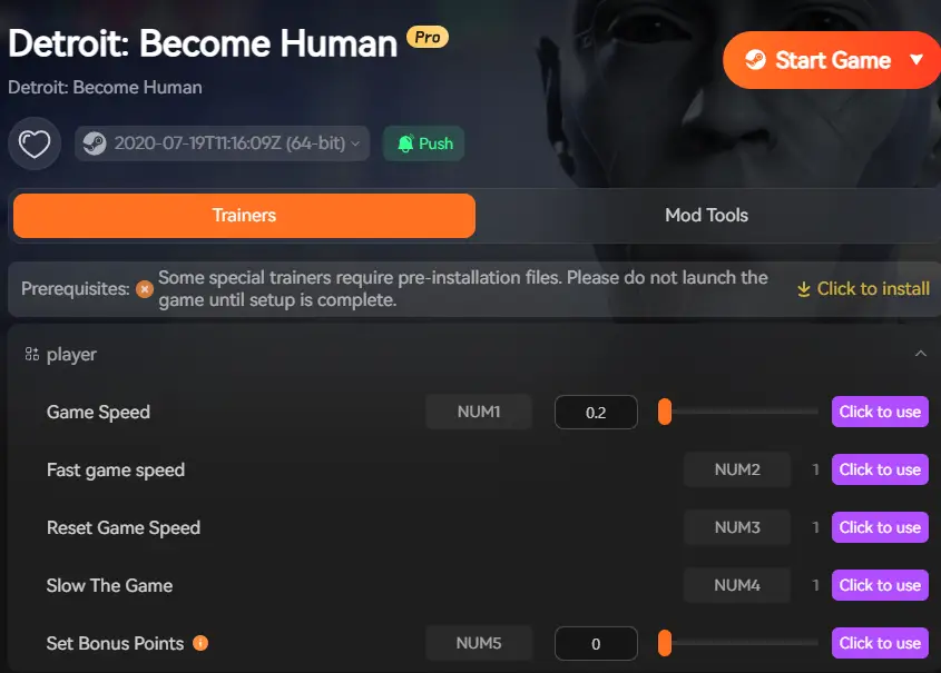 XMOD Detroit Become Human Trainer menu with options for God Mode, Auto-Succeed QTE, and Relationship Editor enabled
