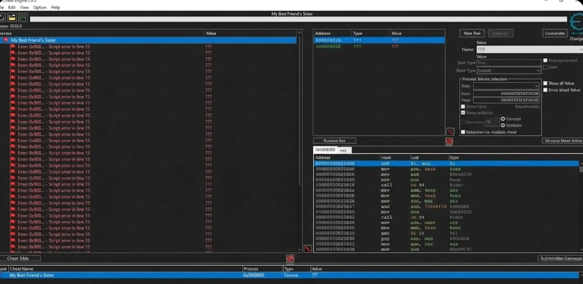 Complex and confusing Cheat Engine table script list for My Best Friend's Sister showing error codes