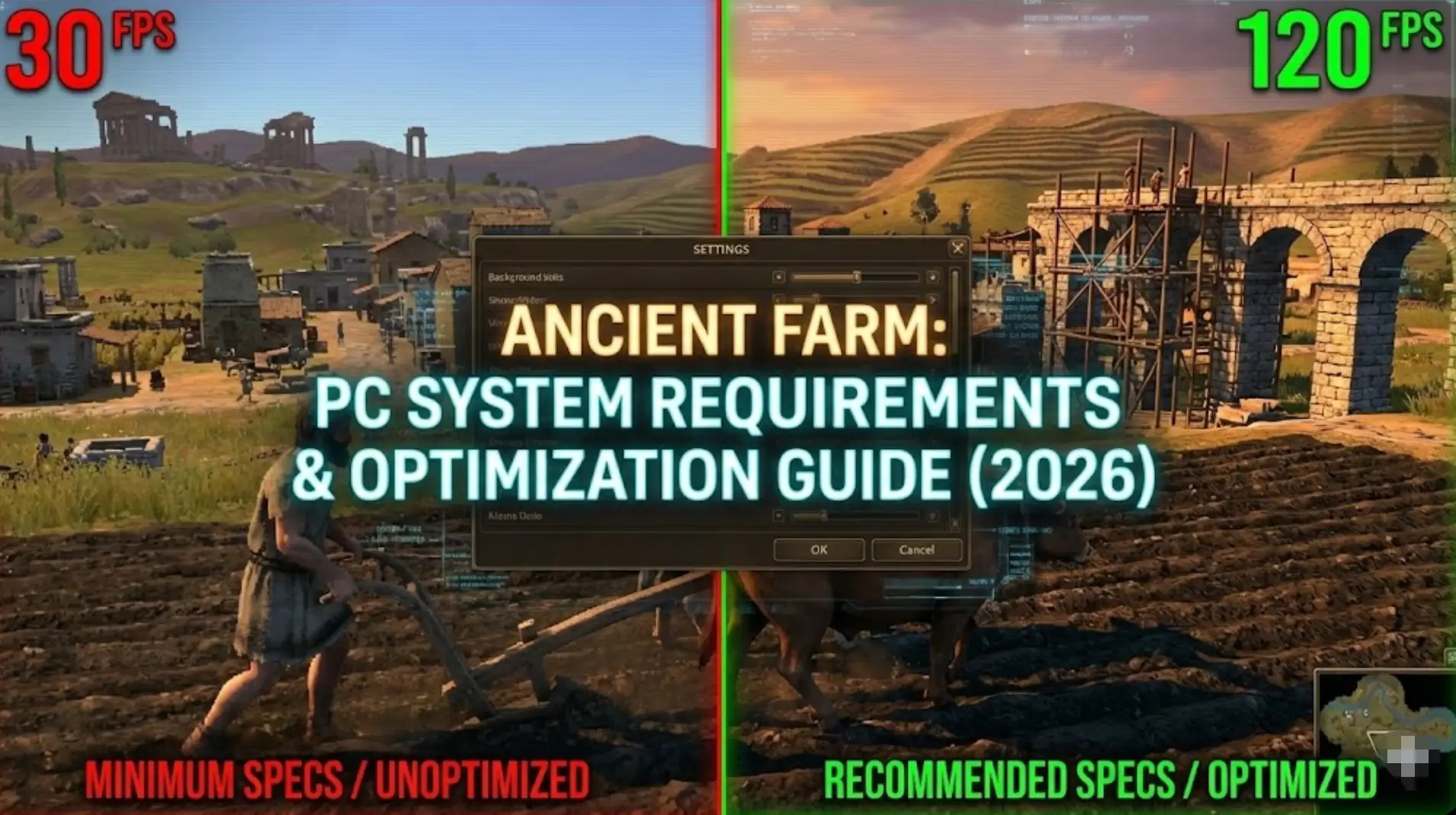 Изображение в шапке игры Ancient Farm, отображающее низкие и высокие настройки графики на разделенном экране, со счетчиками FPS и наложением графических настроек, иллюстрирует системные требования для ПК 2026 года и руководство по оптимизации.