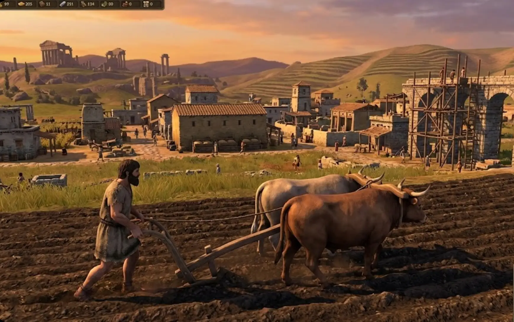 Обширный игровой ландшафт из симулятора Ancient Farm, демонстрирующий террасные поля с посевами, оживленное древнее поселение и фермера, работающего на закате, иллюстрирует богатый контент игры и служит руководством по прохождению.