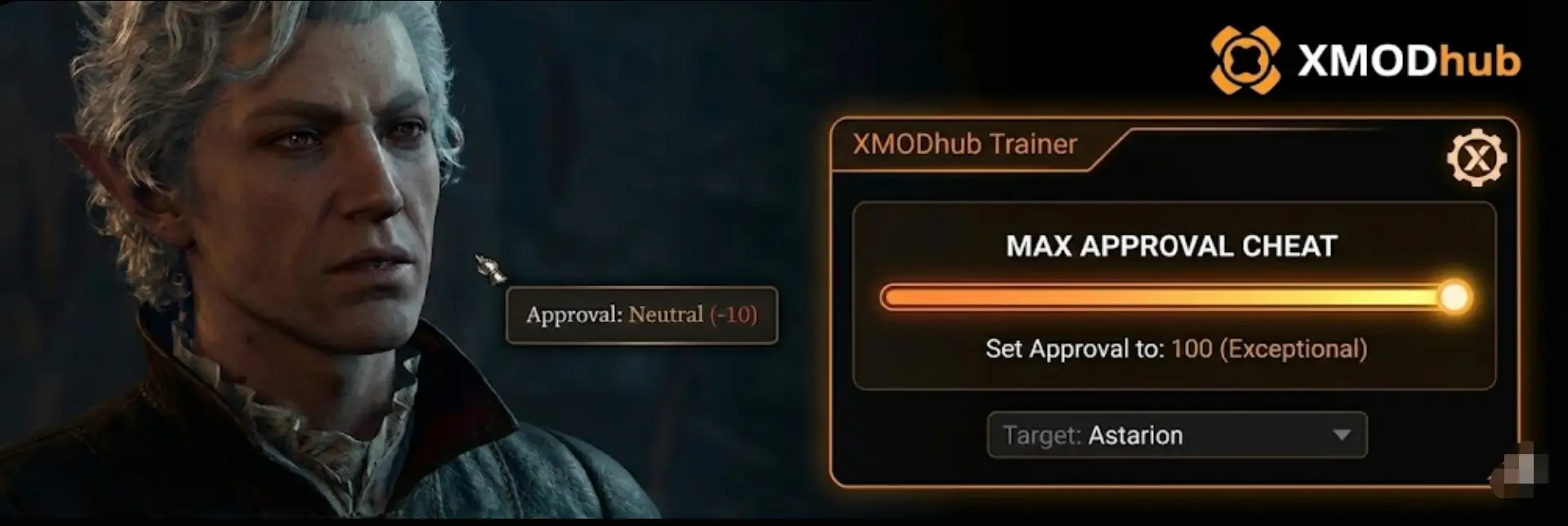 Baldur's Gate 3 gameplay screenshot featuring Astarion with an 'Exceptional' approval rating, displayed alongside the XMODhub trainer interface with the Max Approval Slider set to 100 and the XMODhub logo clearly visible.