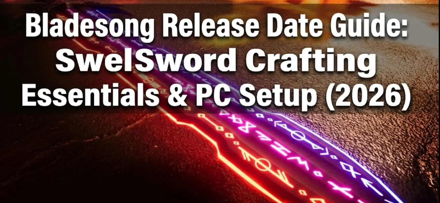 Blog header image featuring a glowing runic sword on wet pavement, overlaid with the title text: "Bladesong Release Date Guide: Sword Crafting Essentials & PC Setup (2026)"
