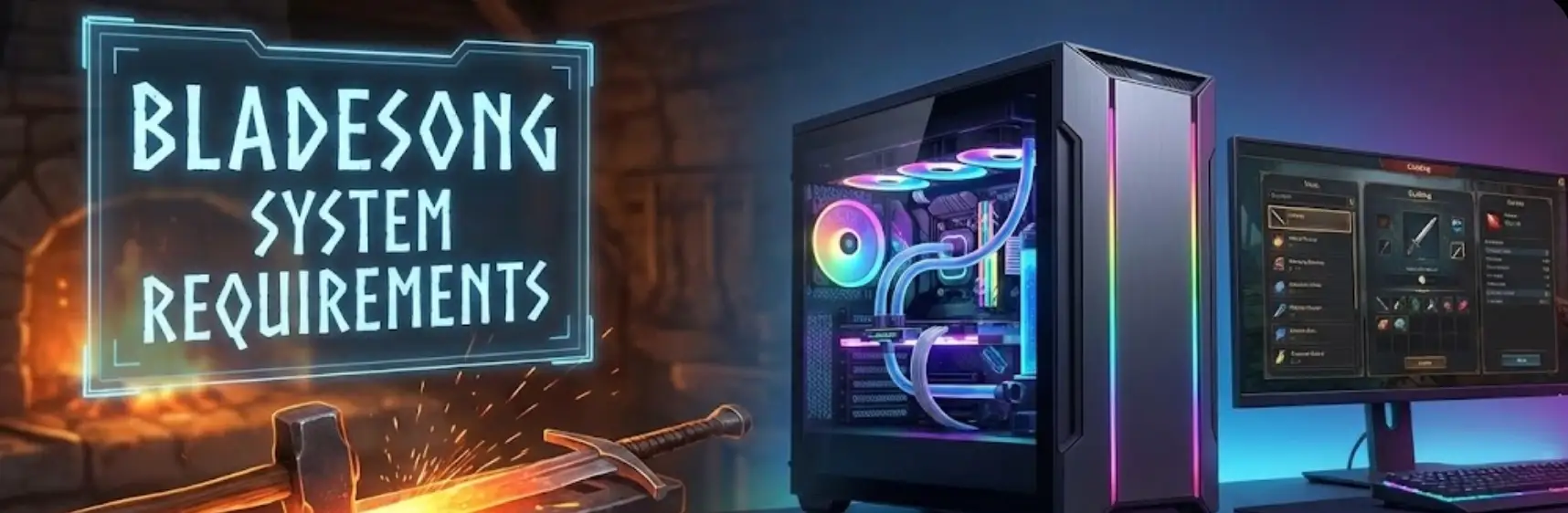 Bladesong System Requirements & PC Specs Guide Header - A close-up of a forged sword with glowing magical runes resting on the ground, representing the swordsmith crafting mechanics.