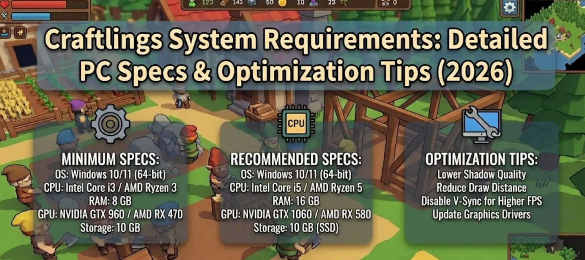 Pixel art style header for Craftlings showing game characters next to a high-tech PC rig display, representing system requirements and optimization tips for 2026.
