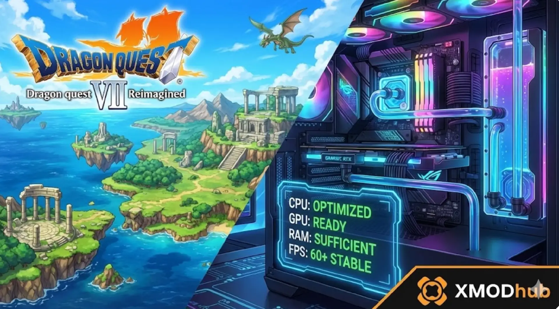 Инфографика с системными требованиями Dragon Quest VII Reimagined для ПК, содержащая значок оптимизации XMODhub и рекомендуемые характеристики процессора и видеокарты.